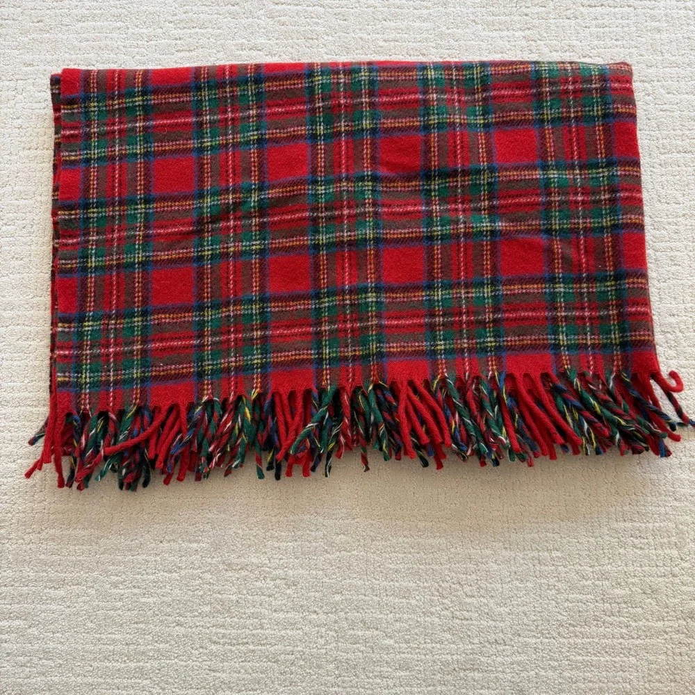 Lands End Coming Home Red Plaid Wool Throw Blanket Fringe USA Made 64X50